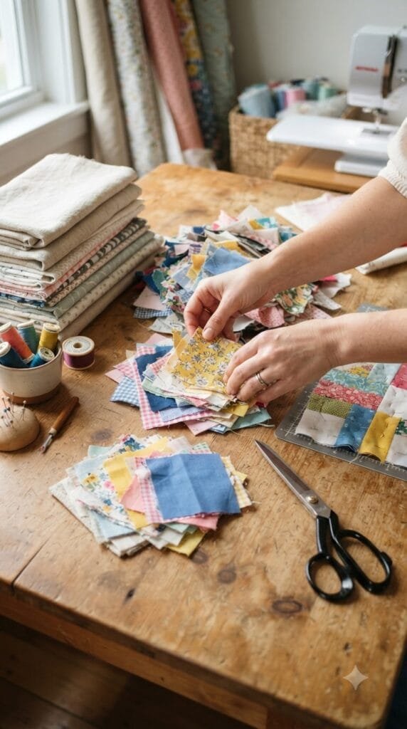 Hands sorting colorful fabric scraps with scissors, thread, cotton and linen fabric for easy DIY fabric crafts.