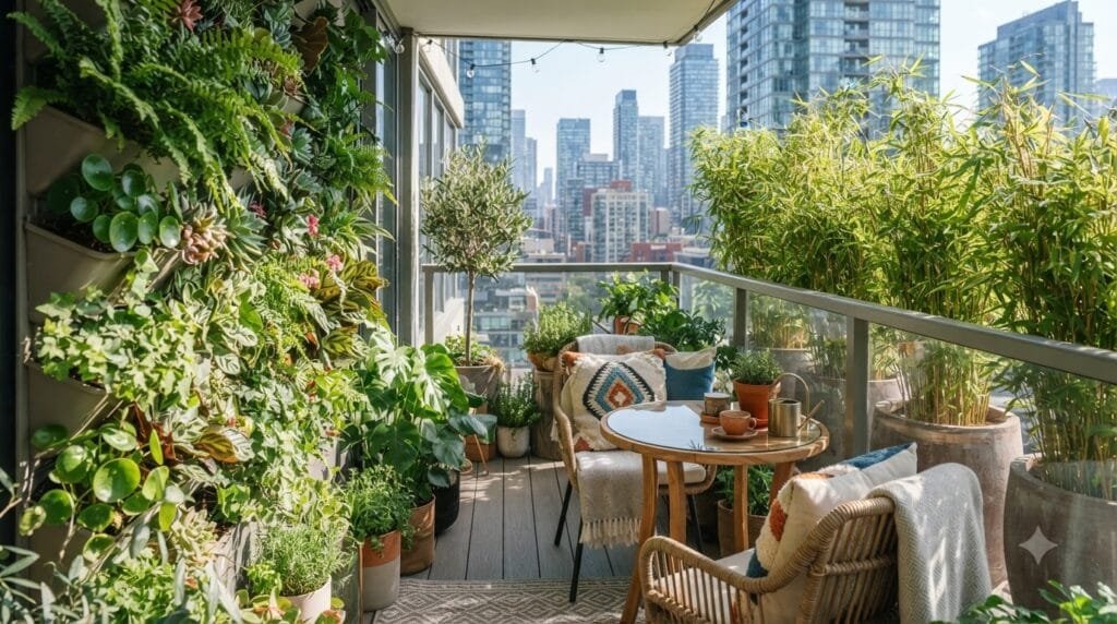 Small apartment balcony featuring a vertical garden, bistro table, bamboo privacy screen, and cozy outdoor decor.