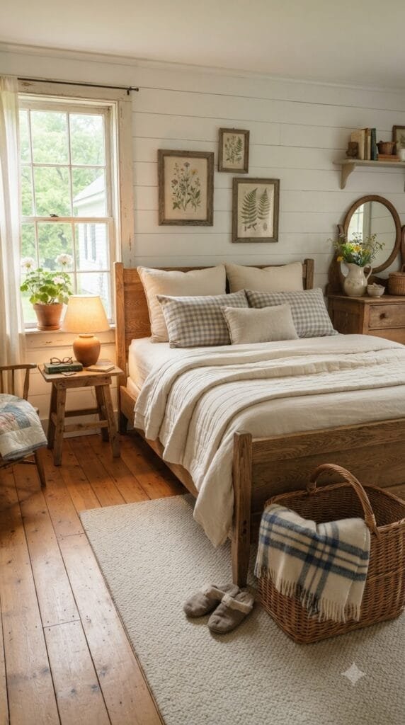 Cozy country bedroom with distressed wood furniture, gingham pillows, and warm rustic decor