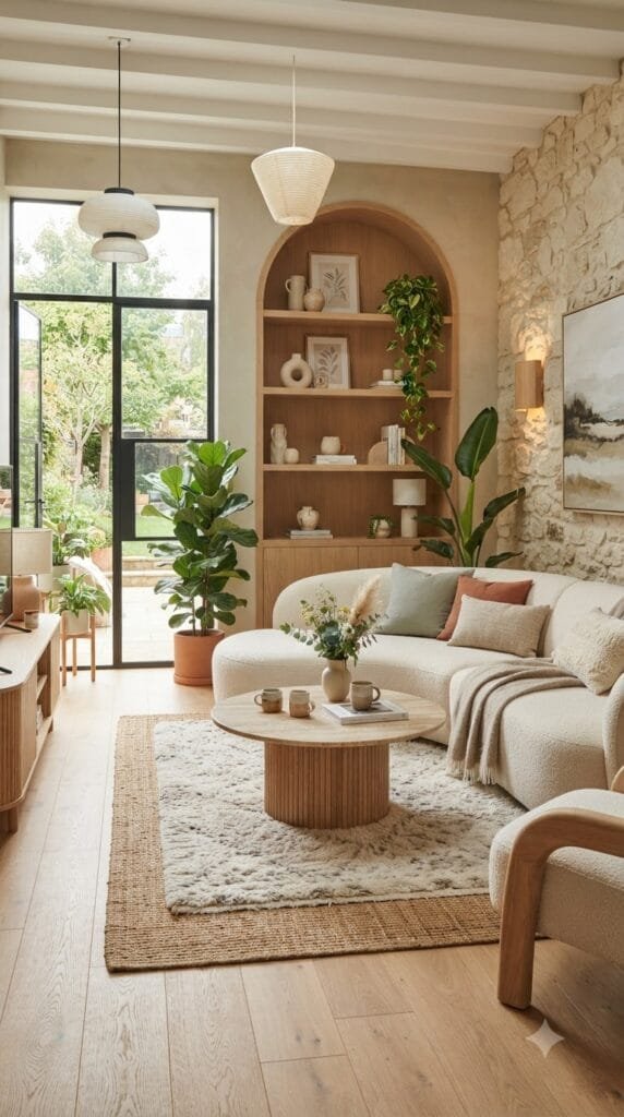 Modern living room featuring 2026 home decor trends, including curved furniture, layered textures, natural materials, warm lighting, and light wood accents.
