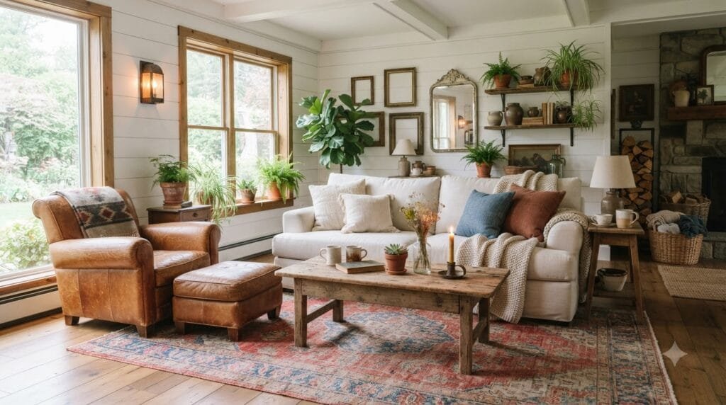 Farmhouse living room decorated with rustic furniture and vintage accents