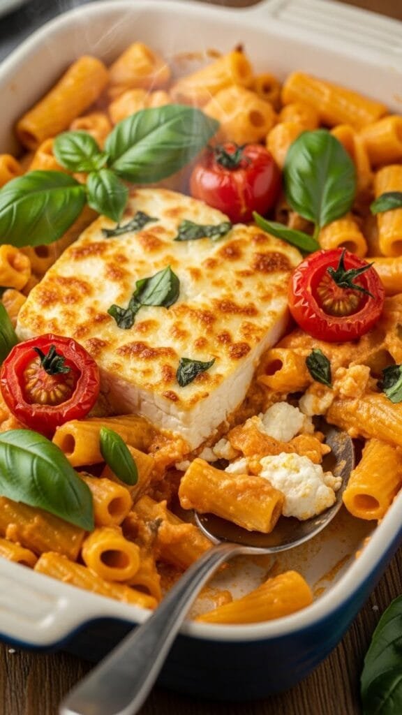 Creamy baked feta pasta made with roasted tomatoes, olive oil, garlic, and fresh basil