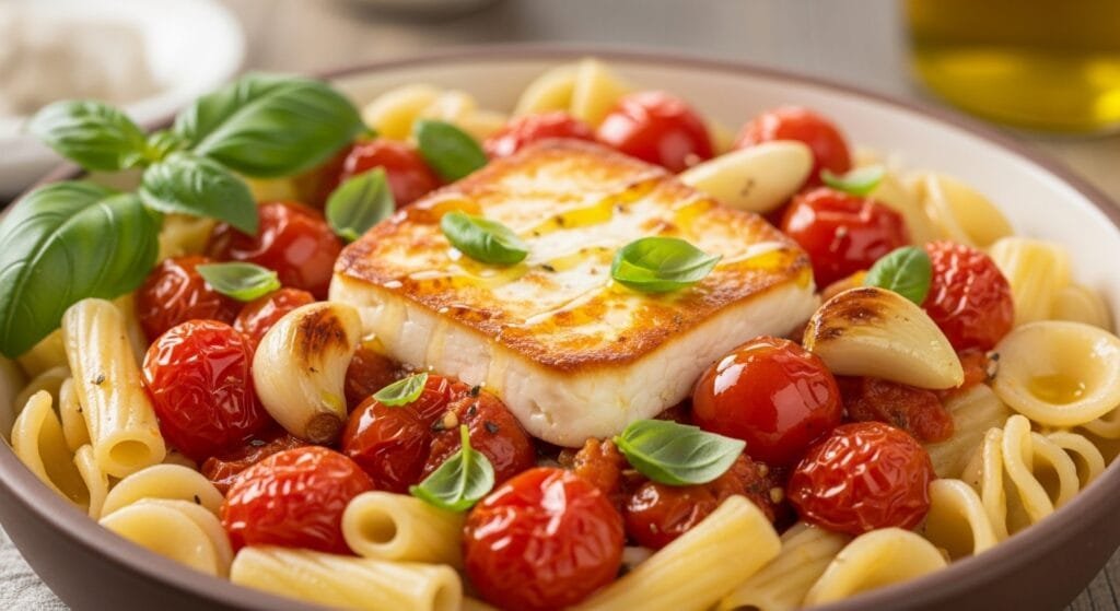 creamy baked feta pasta with roasted cherry tomatoes olive oil garlic and fresh basil