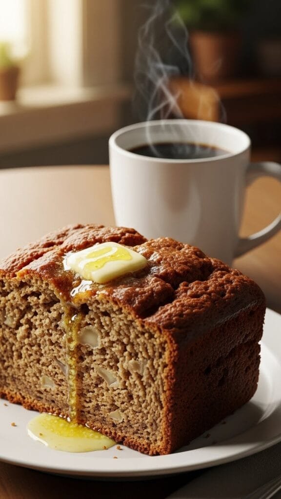 Warm banana bread slice topped with butter and served on a plate next to coffee.