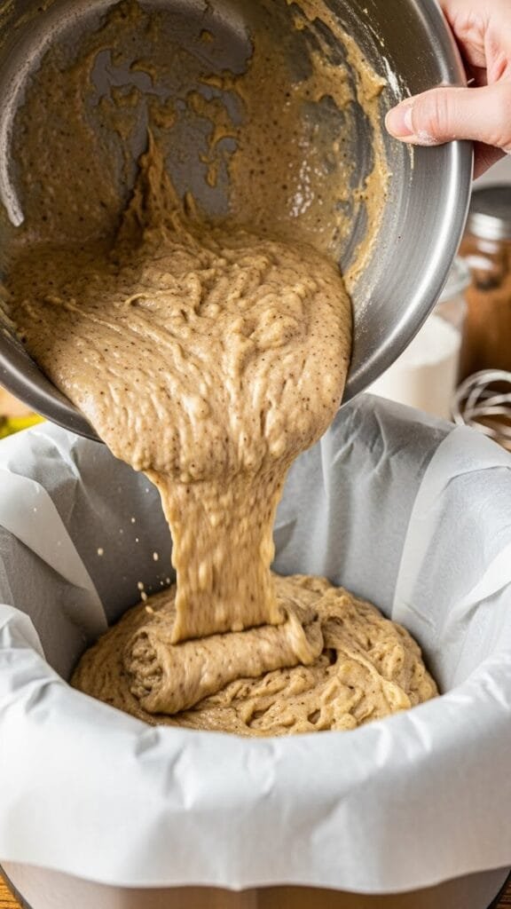 Banana bread batter poured into a slow cooker lined with parchment paper ready to cook.