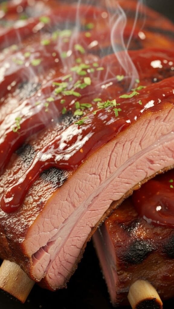 "Close-up of BBQ ribs showing juicy meat pulling back from the bone with glossy sauce."