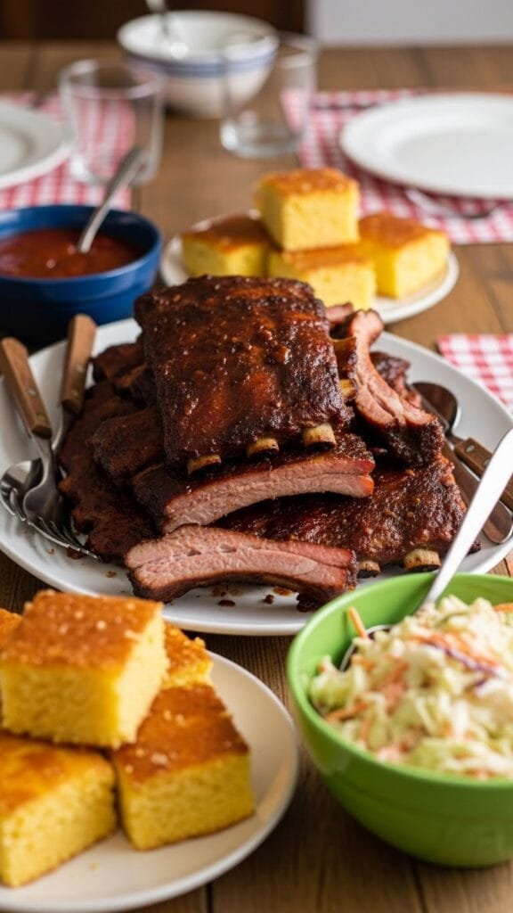 "Barbecue ribs served with cornbread and coleslaw on a plate for a family-style dinner."