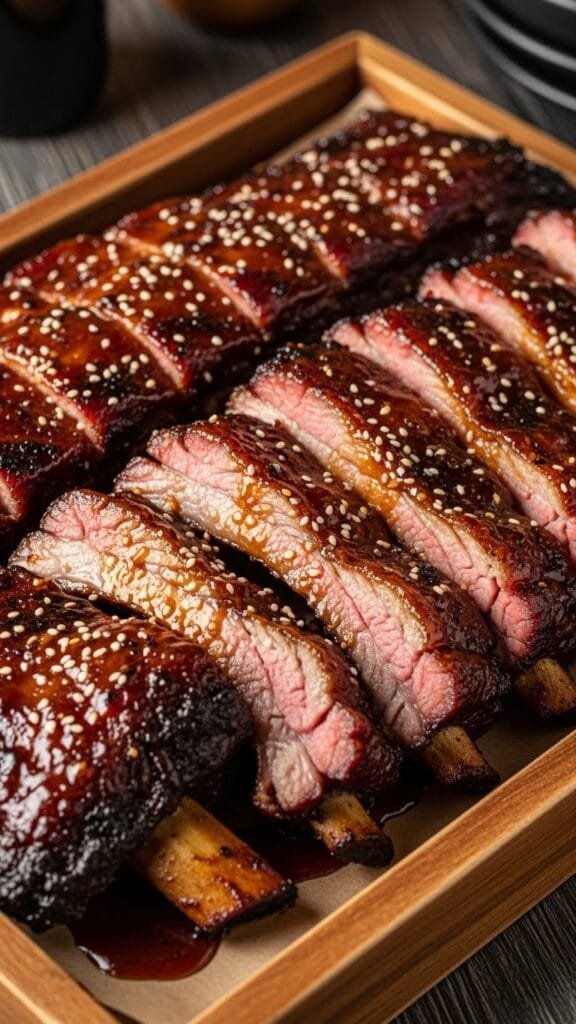 "Tray of caramelized BBQ ribs sliced and coated in sticky smoky glaze ready to serve."