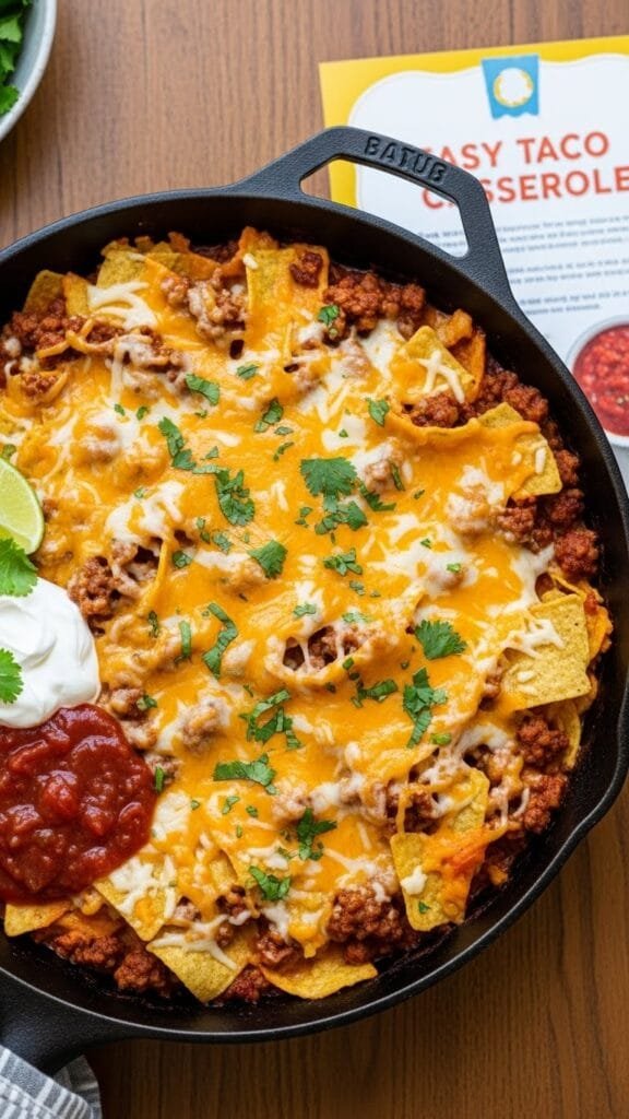 Cheesy Tex-Mex taco bake with ground beef, corn, tomatoes, and crispy tortilla chips