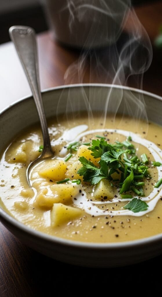 Creamy homemade potato soup topped with fresh herbs