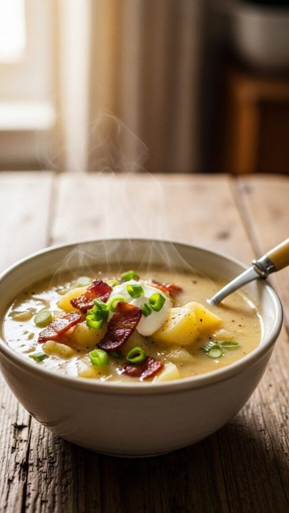 Homemade creamy potato soup topped with chives and black pepper