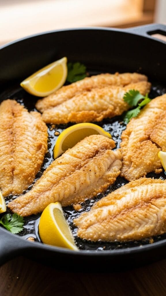 Golden crispy fried tilapia fillets in a skillet with lemon wedges, showcasing a flaky texture and light golden crust.