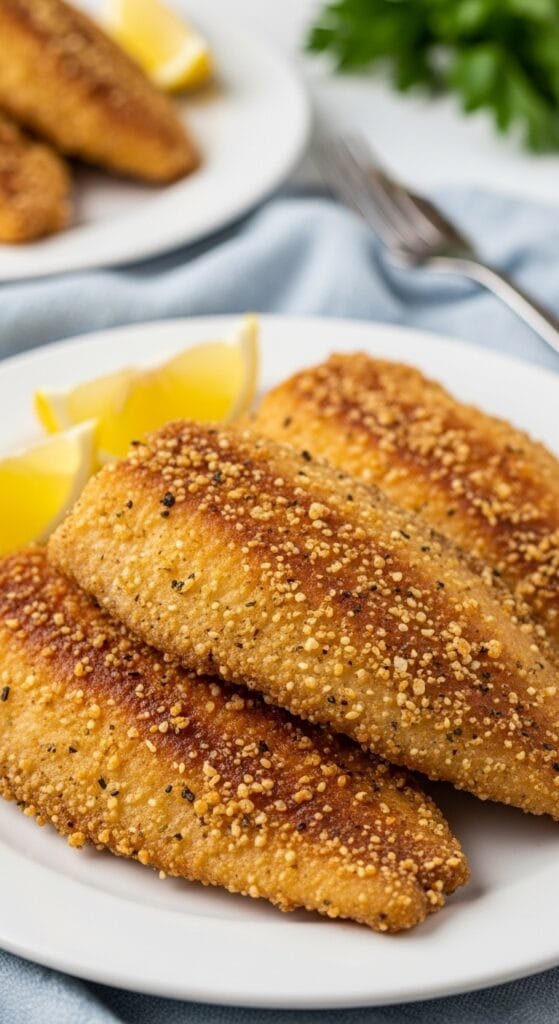 Crispy fried tilapia fillets with a golden crust served with fresh lemon wedges