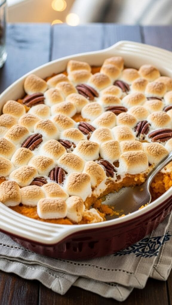 Close-up view of sweet potato casserole with a crisp pecan topping freshly baked