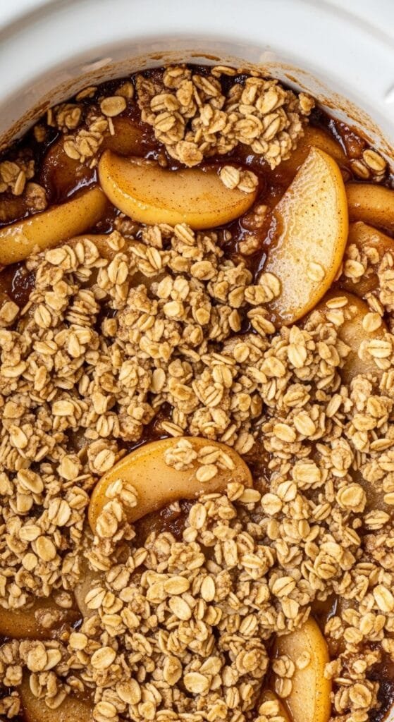 Crockpot apple crisp showing tender apple filling and golden oat topping
