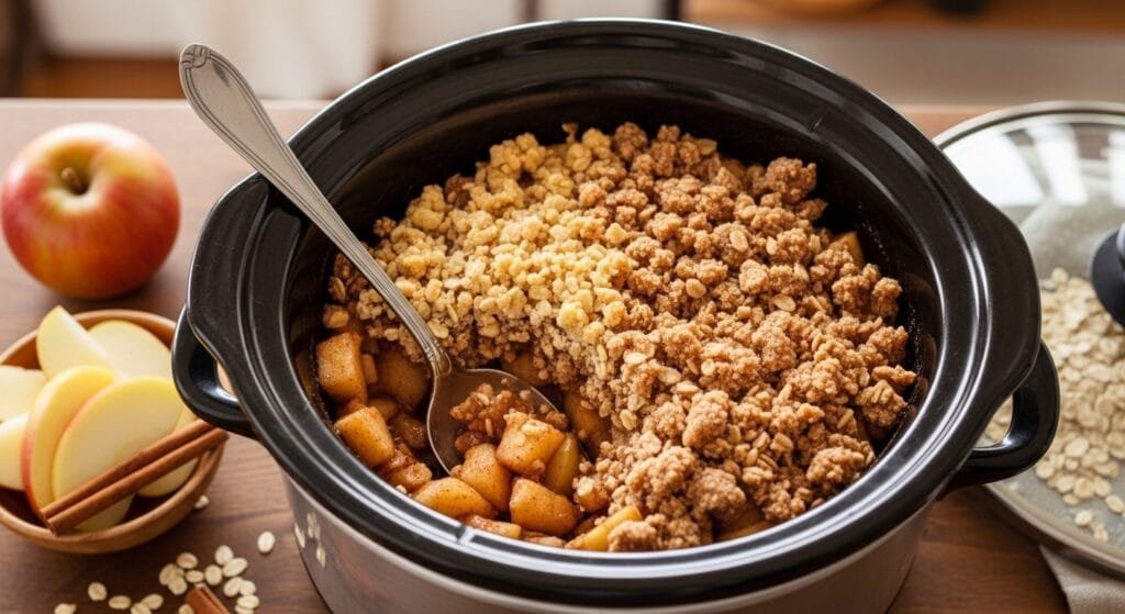 slow cooker apple crisp with tender cinnamon apples and crumb topping