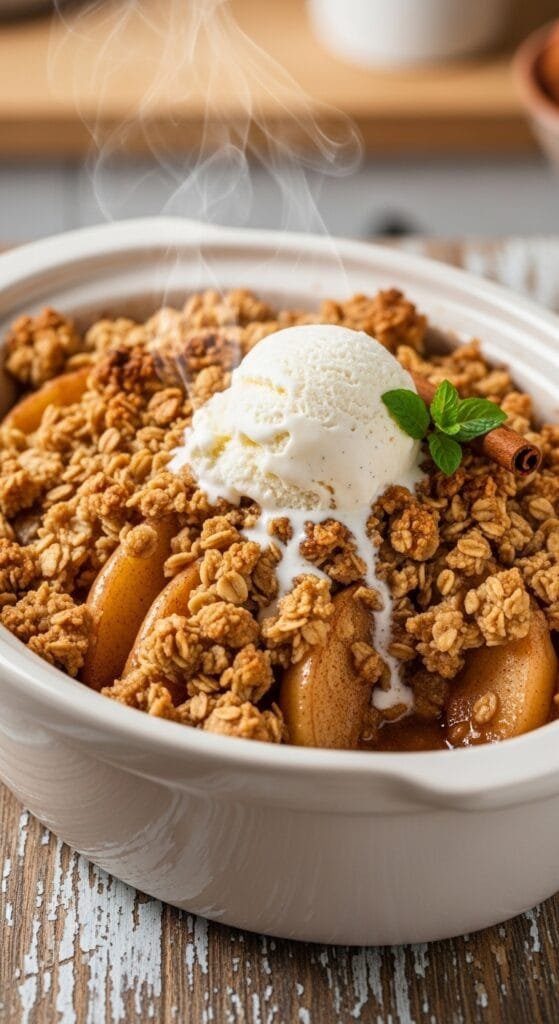 Warm crockpot apple crisp with tender cinnamon apples and a golden buttery oat topping