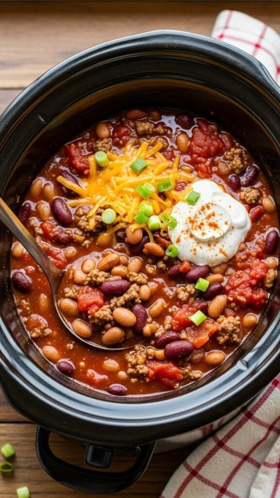 Bowl of hearty crockpot chili topped with shredded cheese and green onions.