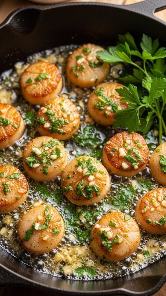 Pan-seared scallops served with garlic butter sauce and lemon on a dinner plate