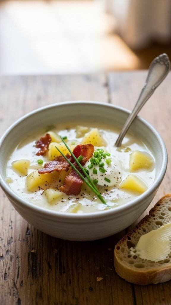 Easy potato soup served in a bowl with creamy texture and fresh herbs