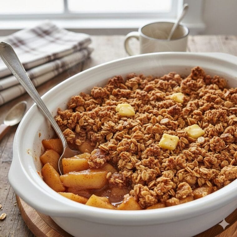 Easy slow cooker apple crisp with cinnamon apples and buttery oat topping