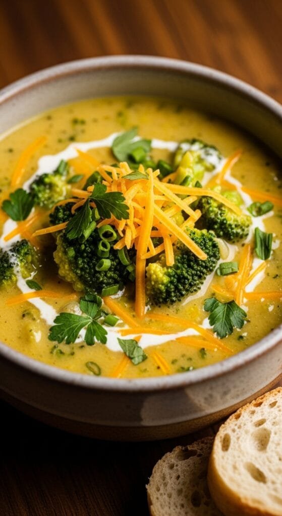 Finished broccoli cheese soup topped with shredded cheddar and fresh herbs
