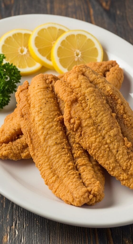 Golden crispy fried tilapia fillets served on a plate with lemon slices