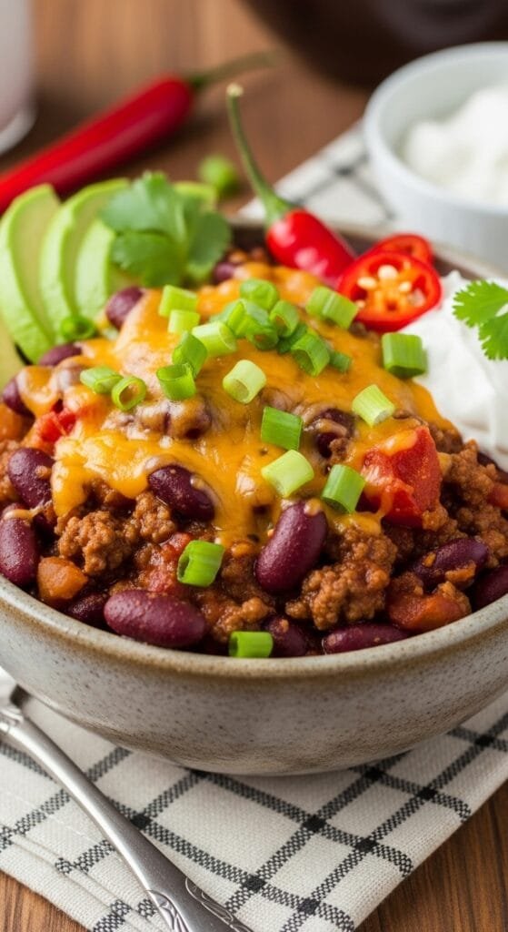 Finished homemade crockpot chili served hot with melted cheese and green onions