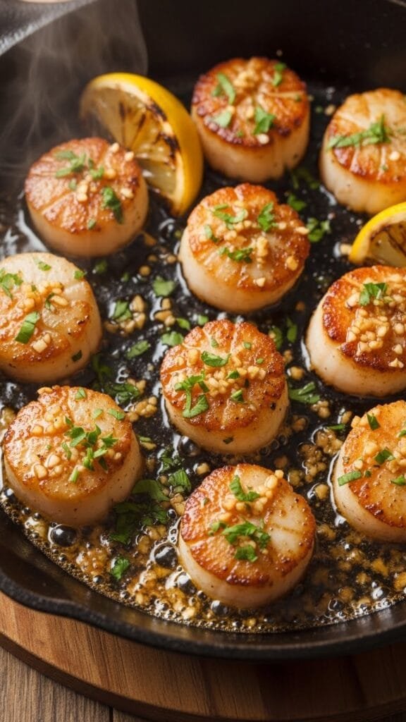 Garlic butter scallops seared until golden and finished with fresh parsley in a skillet
