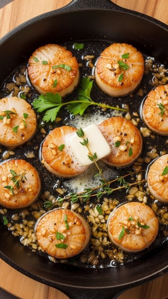 Close-up of garlic butter scallops with a crispy seared surface and soft center