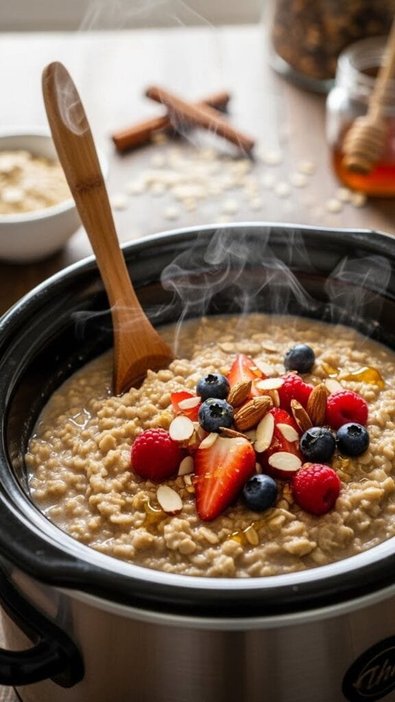 Warm bowl of slow cooker oatmeal served with sliced bananas and nuts for a healthy homemade breakfast