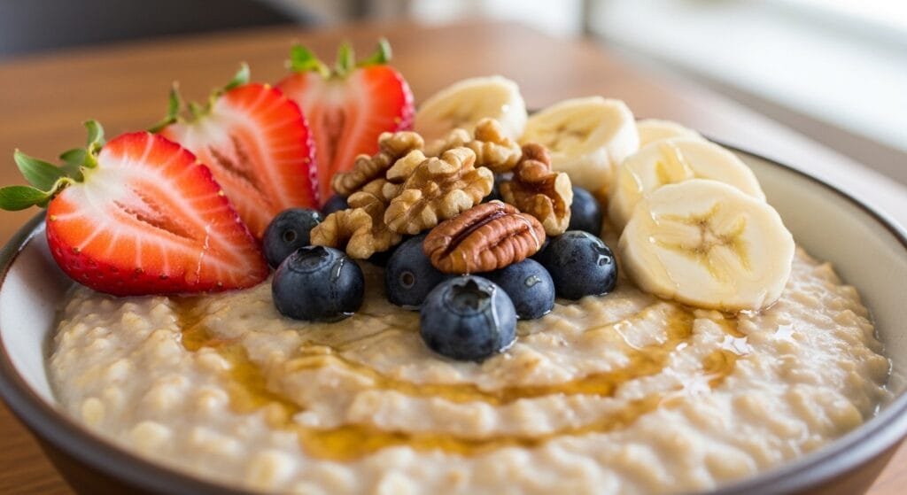 creamy slow cooker oatmeal topped with fresh fruit and nuts