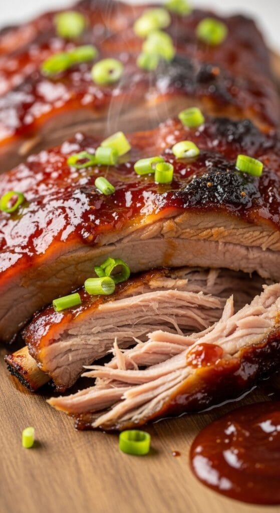 Tender homemade BBQ ribs baked until sticky and caramelized with a sweet smoky sauce