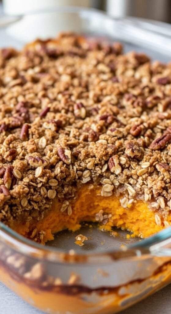 Homemade sweet potato casserole baked with a golden pecan crumble topping in a baking dish