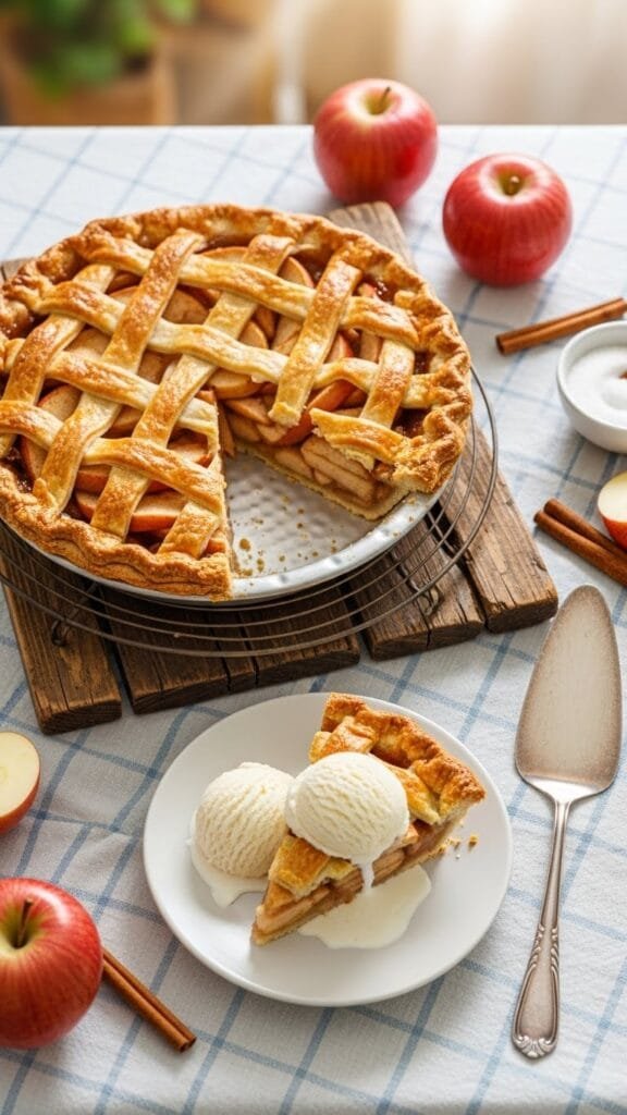 Classic homemade apple pie with a golden flaky crust and bubbling spiced apple filling, baked fresh in a pie dish