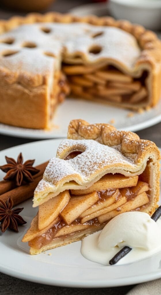 Slice of classic apple pie showing flaky crust layers and cinnamon-spiced apple filling