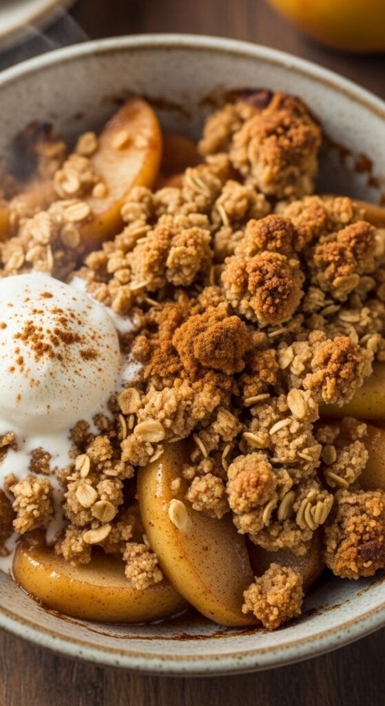 Slow cooker apple crisp served warm with soft cinnamon apples and a crumbly oat topping