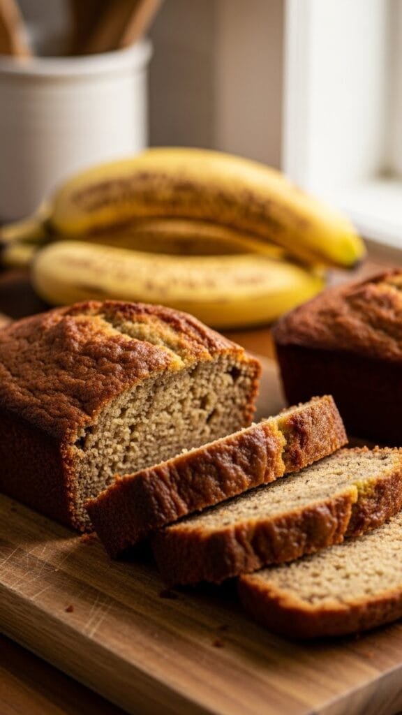 Soft and moist slow cooker banana bread sliced on a wooden board with ripe bananas in the background.