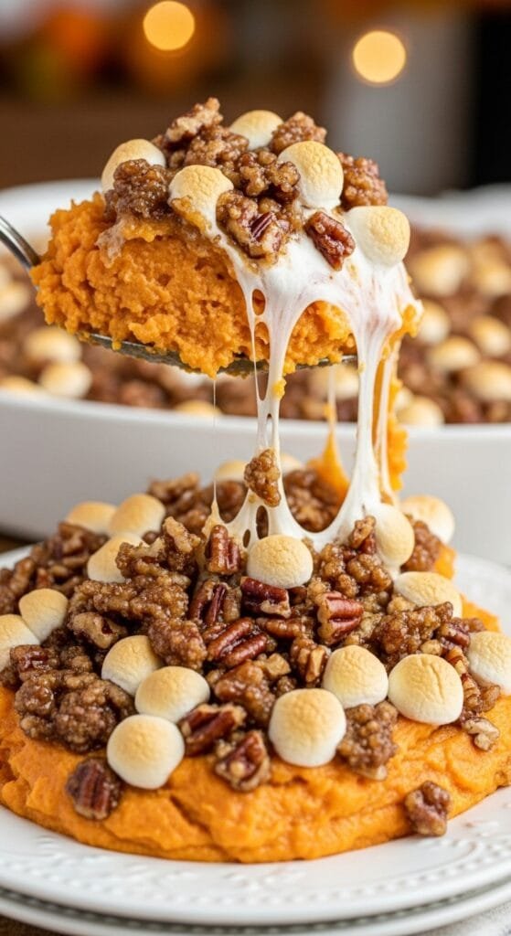 Scoop of creamy sweet potato casserole with crunchy pecan topping being served