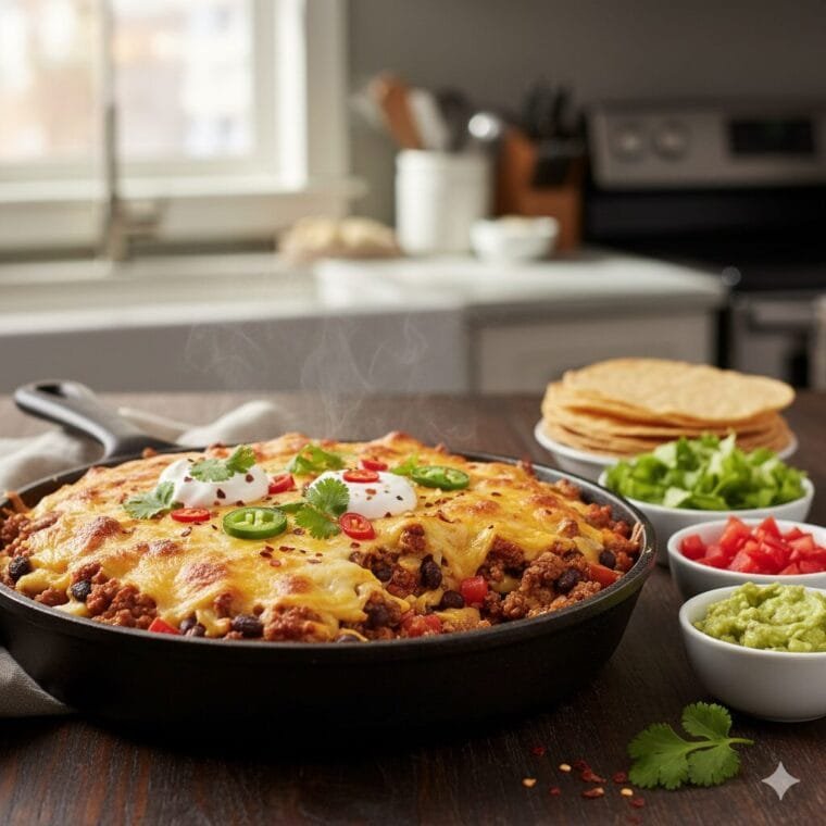 Cheesy taco casserole baked with seasoned ground beef and melted cheese