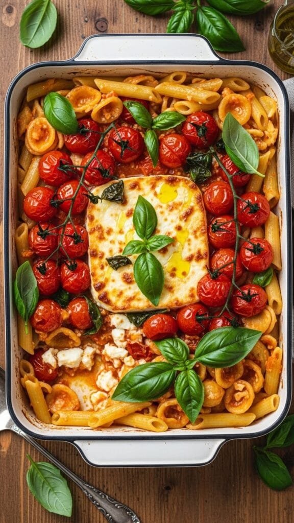Baked feta pasta with roasted cherry tomatoes and creamy feta sauce mixed with pasta in a baking dish