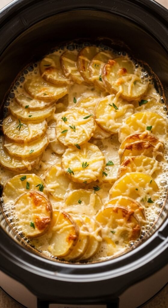 Easy crockpot scalloped potatoes served hot for family dinner