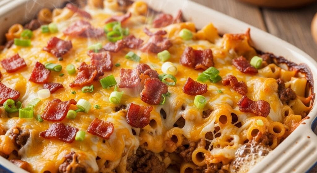 bacon cheeseburger casserole with melted cheese and bacon topping