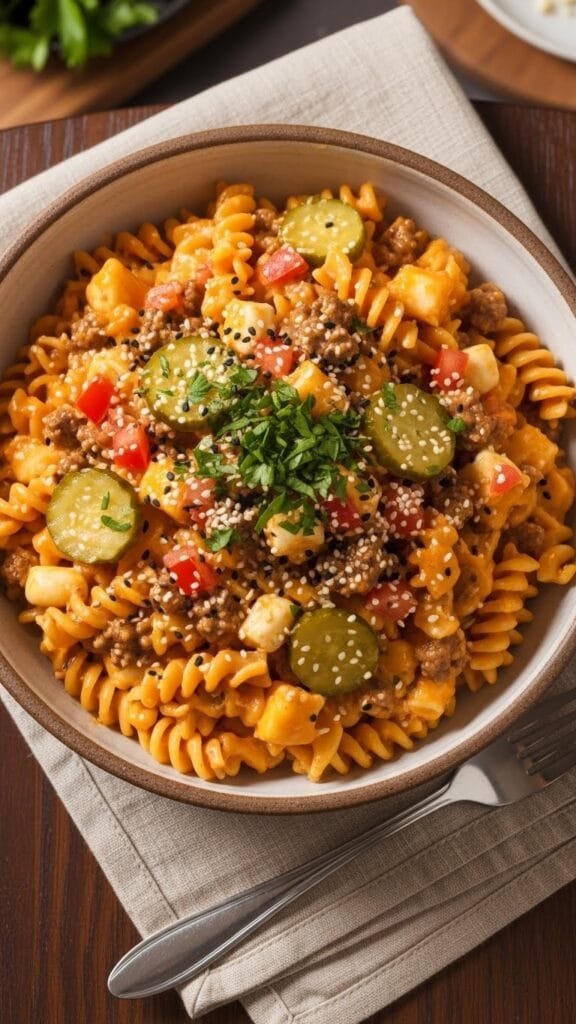 Creamy cheeseburger pasta made with ground beef, elbow macaroni, and melted cheddar cheese in a skillet