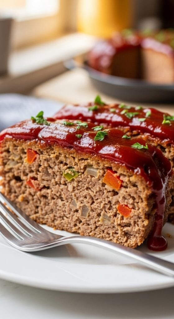 Classic homemade meatloaf with a glossy ketchup glaze sliced on a plate