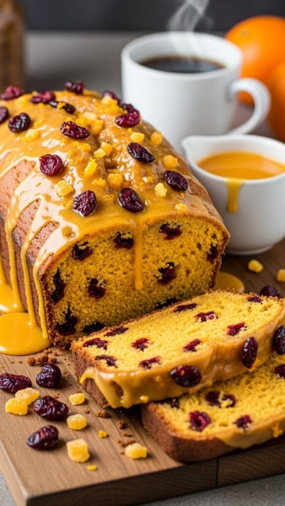 Orange glazed cranberry bread sliced on a wooden board with fresh cranberries and orange zest
