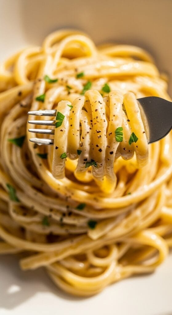 Close-up of creamy Alfredo pasta showing smooth sauce and tender noodles
