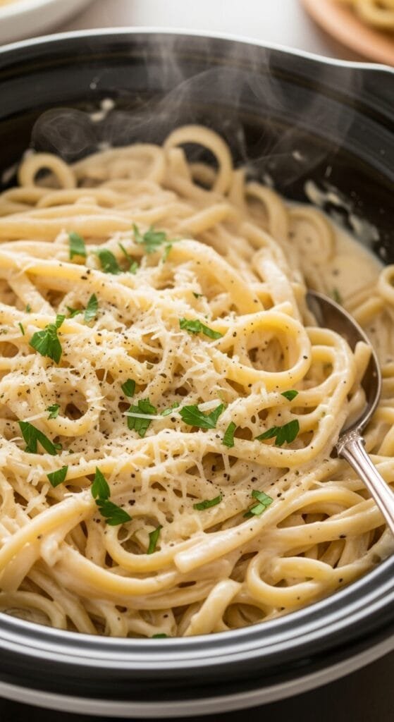 Creamy crockpot Alfredo pasta with fettuccine coated in Parmesan sauce