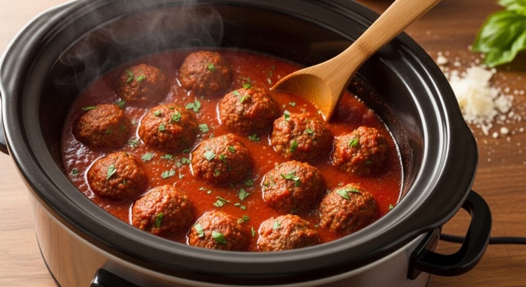 tender Italian meatballs simmering in marinara sauce in slow cooker