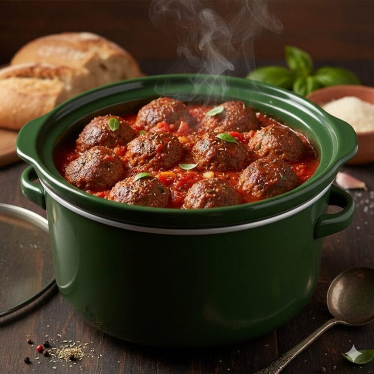 Tender Italian meatballs simmered in marinara sauce in a slow cooker